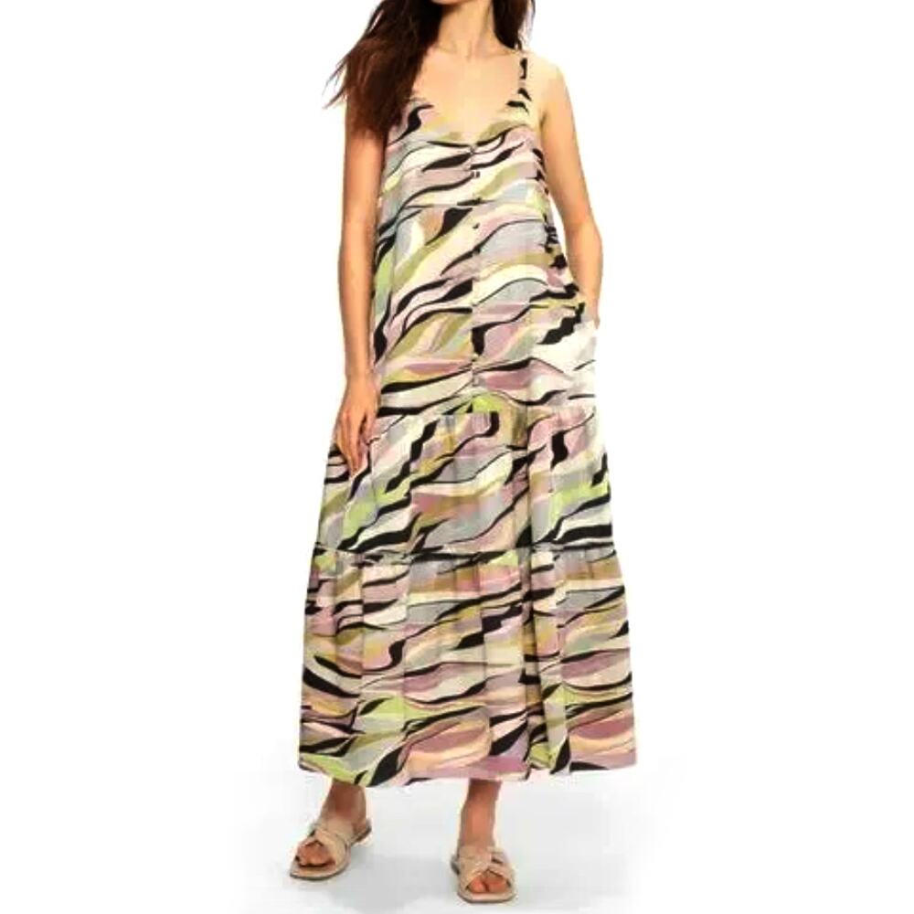 Ted Baker Midi Dress XS Warrenn Cami Sleeveless Multi Color Print Stripe Flare